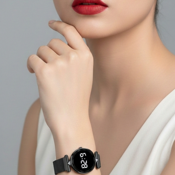 Black Rhinestone Buckle Mesh Belt LED Watch - Picture 1 of 7